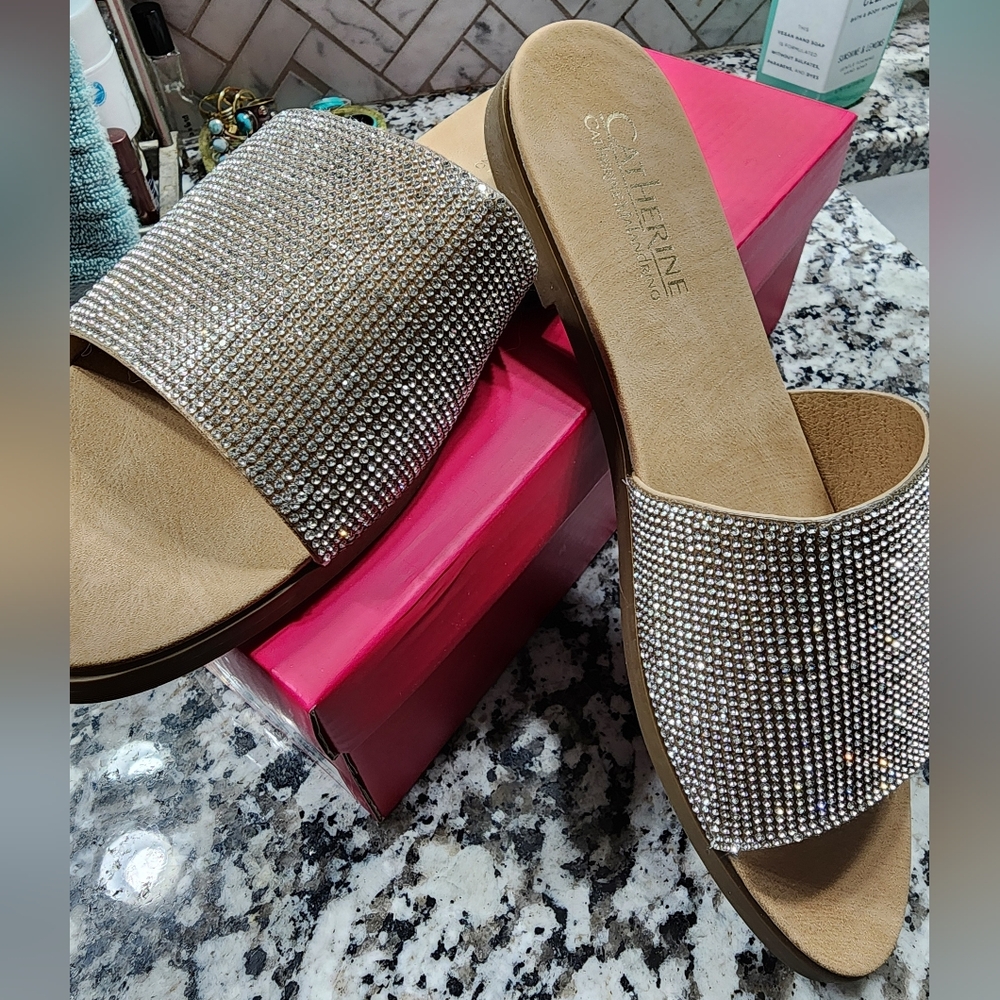 Catherine Malandrino Rhinestone Slide Sandals - Silver and Tan